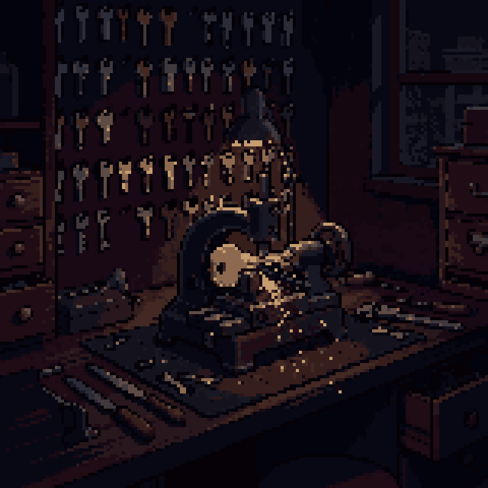 Pixel art: a key-cutting machine throwing sparks as it shapes a gold blank in a dark locksmith's shop
