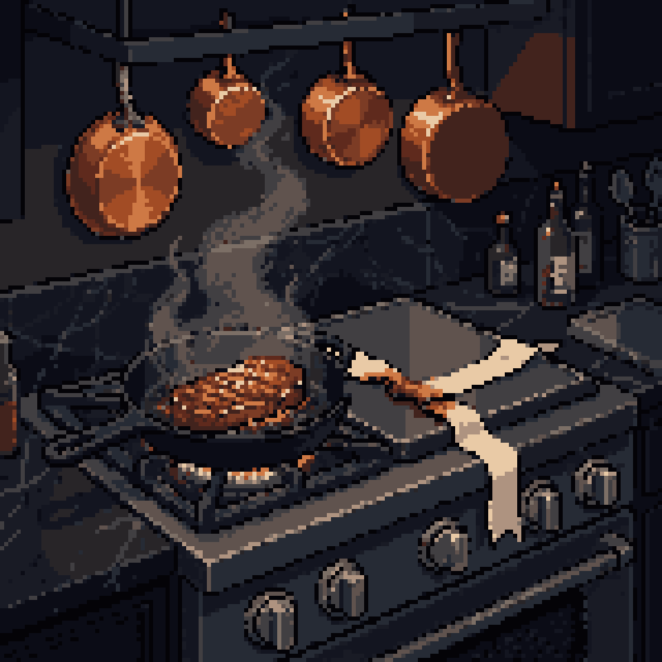 Pixel art: a steak searing in a cast-iron pan beside a silk ribbon browning in the heat