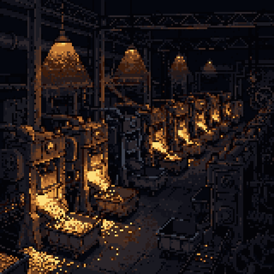 Pixel art: rows of coin presses in a dark mint at night, most glowing and pouring gold, a few switched off