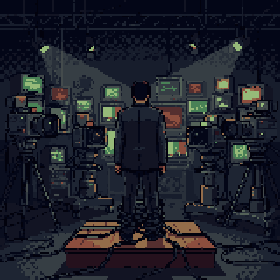 Pixel art: a man on a small stage facing a wall of cameras, the cables wound round his ankles