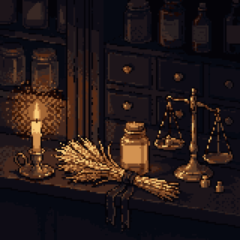 Pixel art: a bundle of barley and wheat beside an amber jar, a candle and brass scales on an apothecary shelf