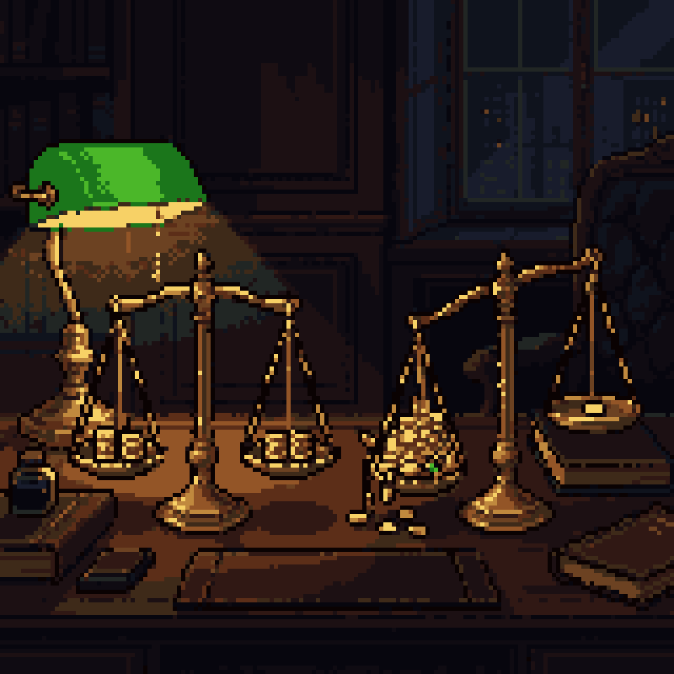Pixel art: two brass scales on a desk at night, one level with equal coins, one tipped by a heap of gold