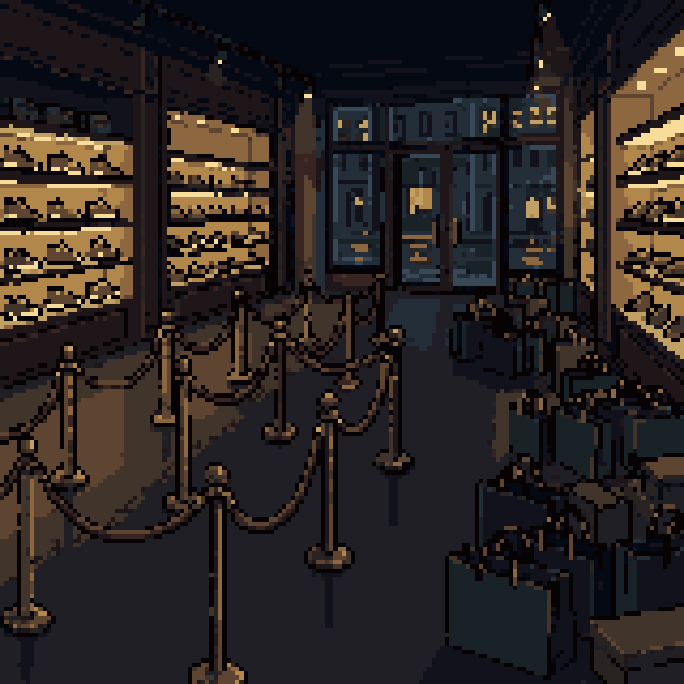 Pixel art: an after-hours sneaker store with queue ropes and piles of identical shopping bags