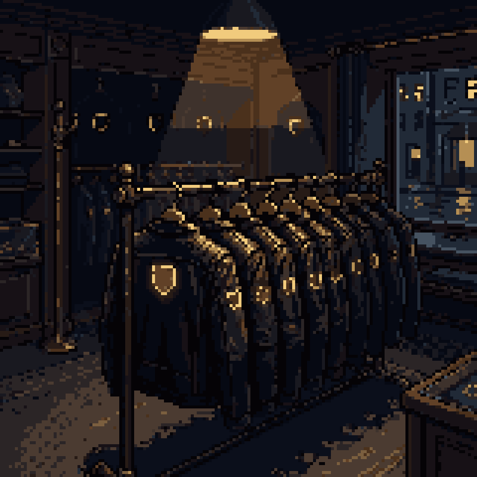 Pixel art: a rack of identical black leather jackets, each with the same gold emblem