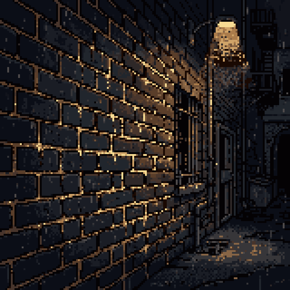 Pixel art: a dark brick wall held together by glowing gold mortar in a rainy alley at night