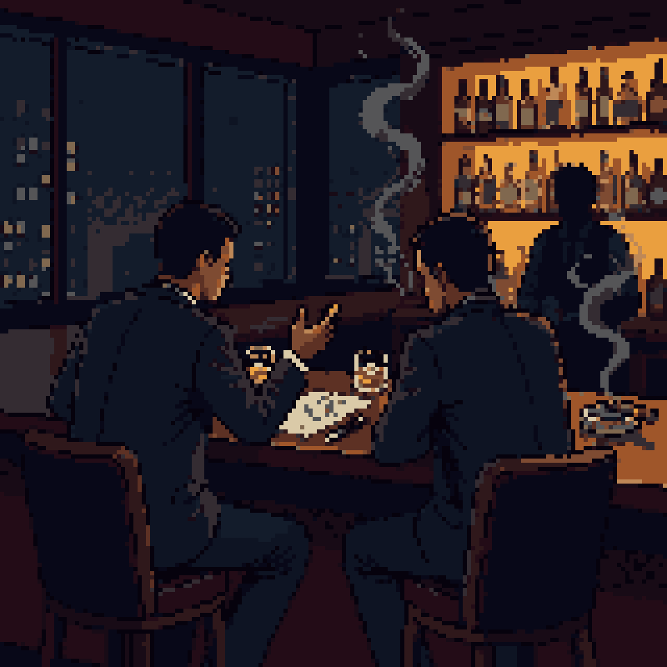 Pixel art: two men in suits making a pitch over an unsigned contract at a cigar bar at night