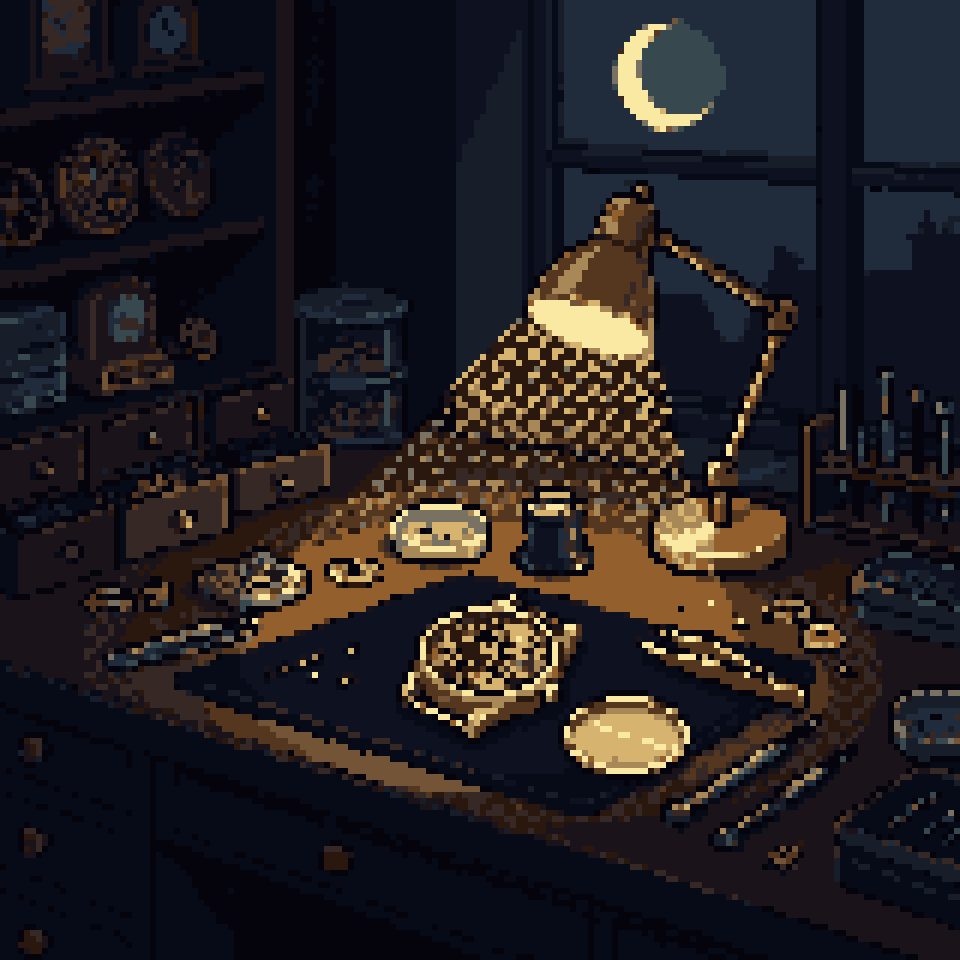 Pixel art: a gold watch opened up for repair on a watchmaker's bench at night, a crescent moon in the window