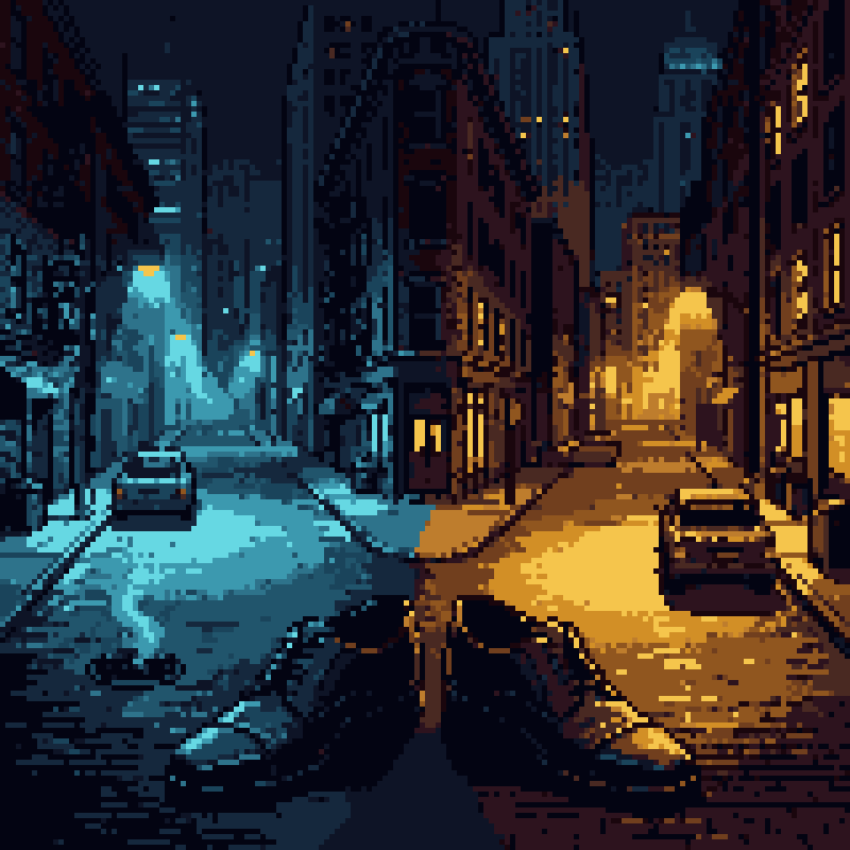 Pixel art: a pair of empty dress shoes where a night street splits into gold and blue