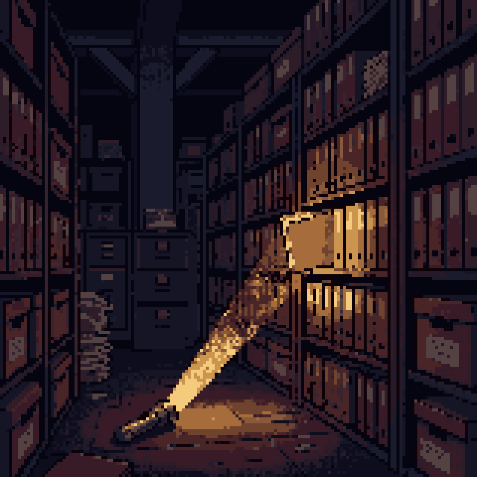 Pixel art: a flashlight on the floor of a dark archive lighting a single folder