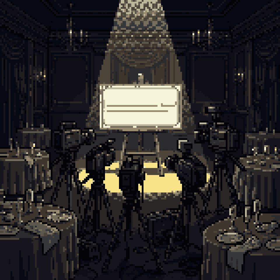 Pixel art: a blank giant cheque under a spotlight in an empty gala hall, cameras aimed at it