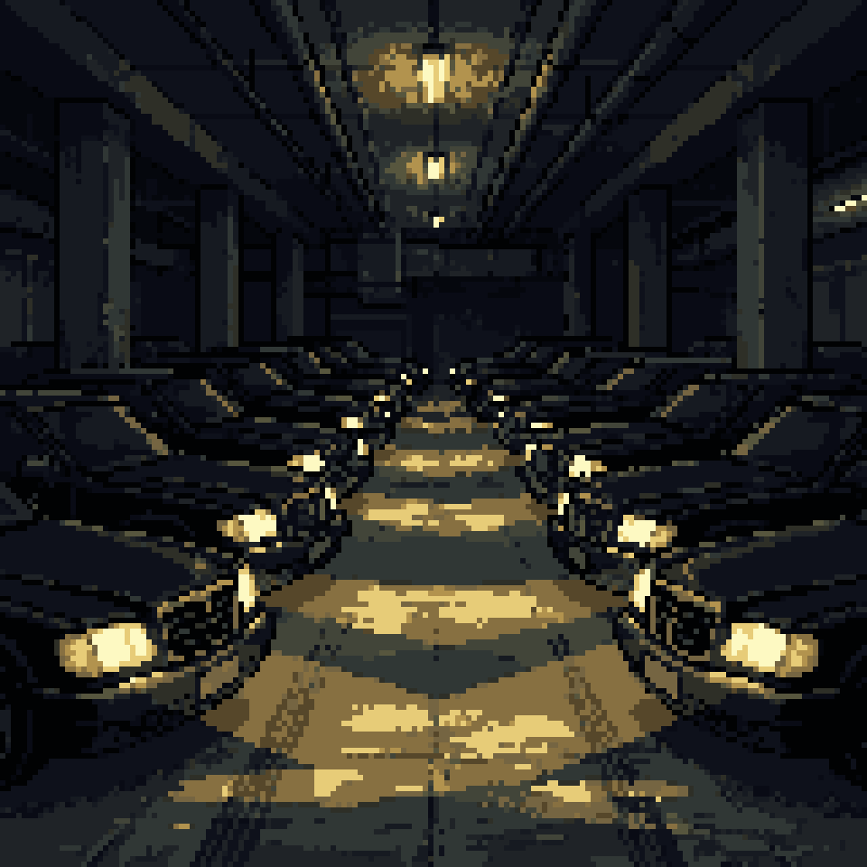 Pixel art: two rows of identical black cars with their headlights on in a dark garage