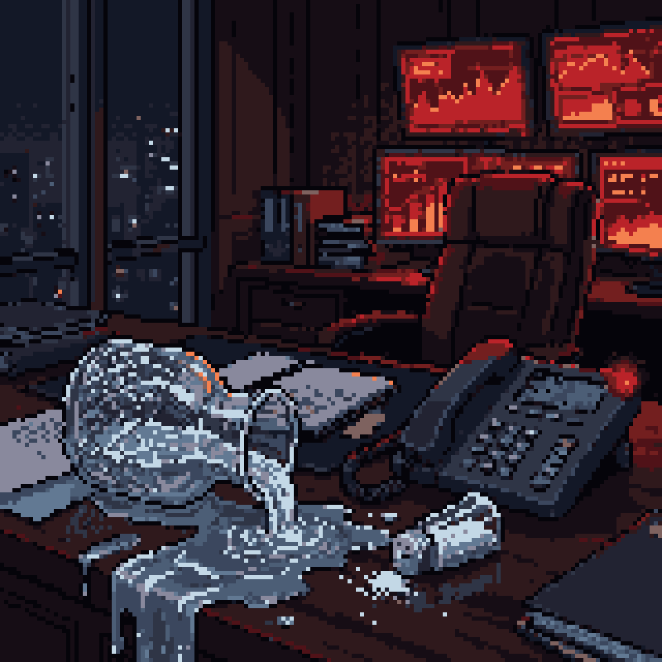 Pixel art: a crystal carafe spilling water across an executive desk at night beside a tipped salt shaker and a blinking desk phone