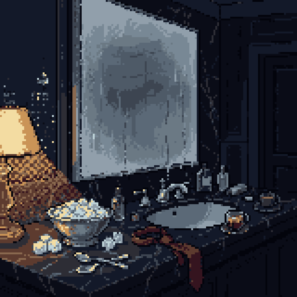 Pixel art: a bowl of ice, cold spoons and a loosened tie on a black marble bathroom counter at night, the mirror fogged over