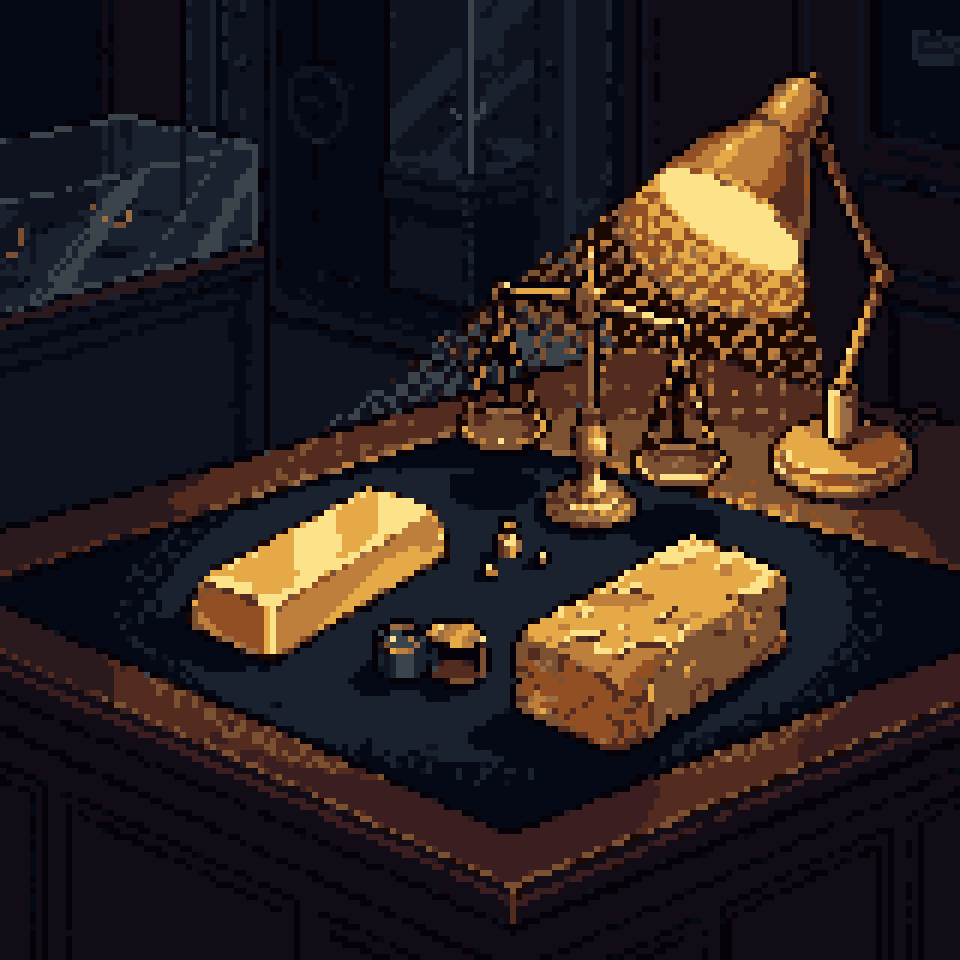 Pixel art: a real gold bar beside a painted brick on a jeweller's counter, a scale between them