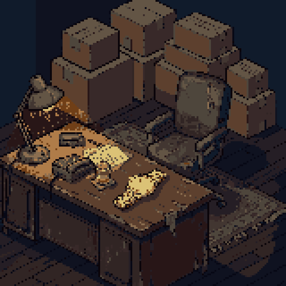 Pixel art: a new gold watch on a battered desk, boxes of new furniture stacked behind it