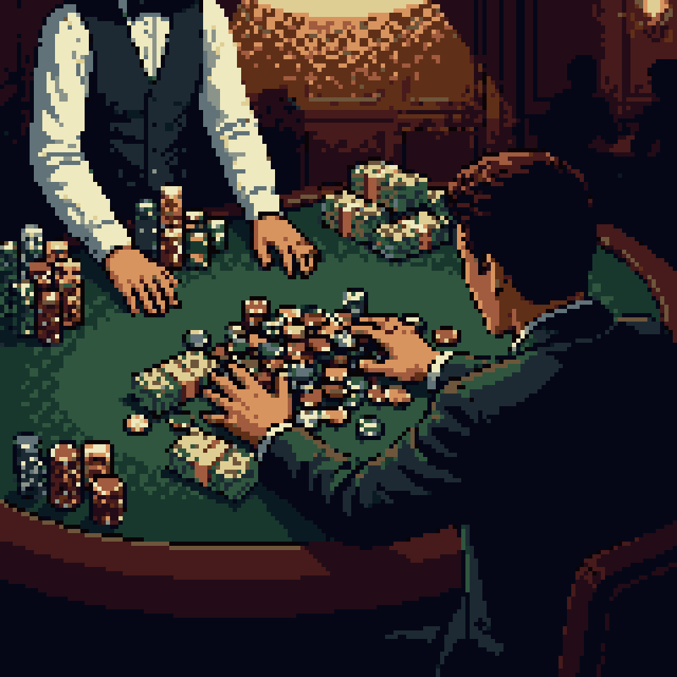 Pixel art: a young man pushing all his chips in at a high-roller table at night