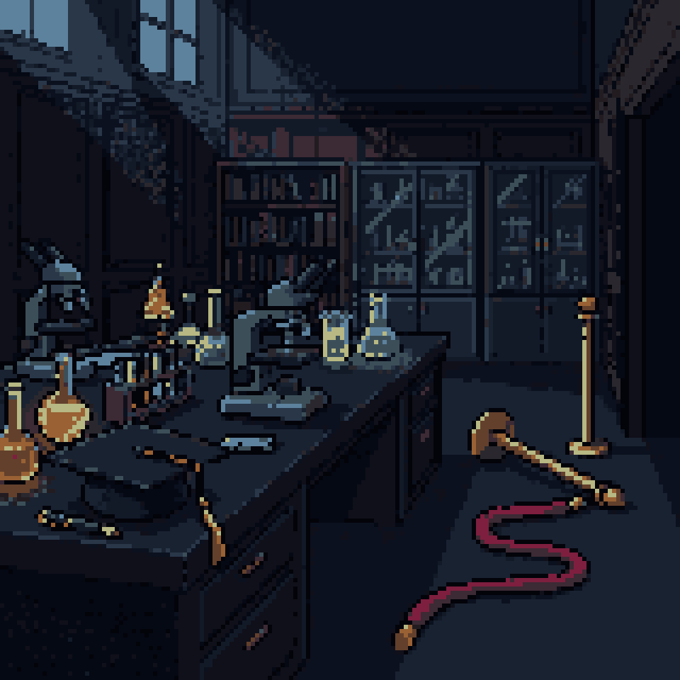 Pixel art: a graduation cap left on a lab bench beside glowing beakers, a velvet rope knocked over