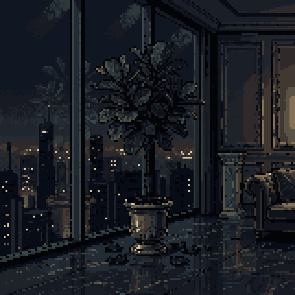 Pixel art: a potted fig tree dropping a few leaves onto a marble floor in a dark penthouse, still full and healthy