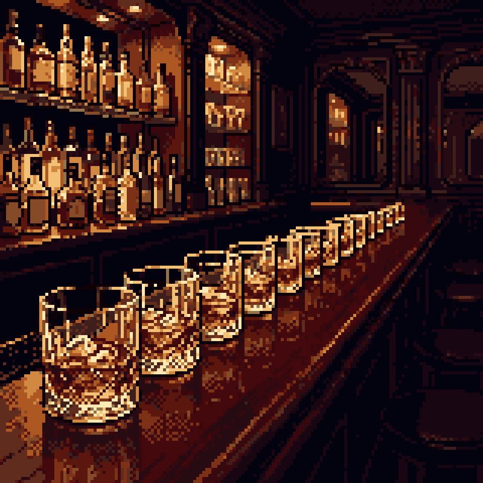 Pixel art: a row of whiskey tumblers on a dark bar, each smaller than the one before