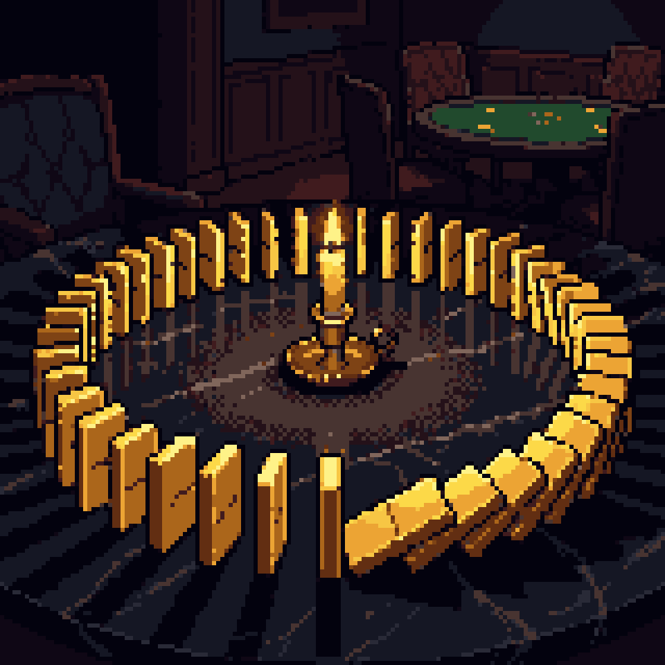Pixel art: a ring of gold dominoes toppling all the way around a candle on a dark marble table