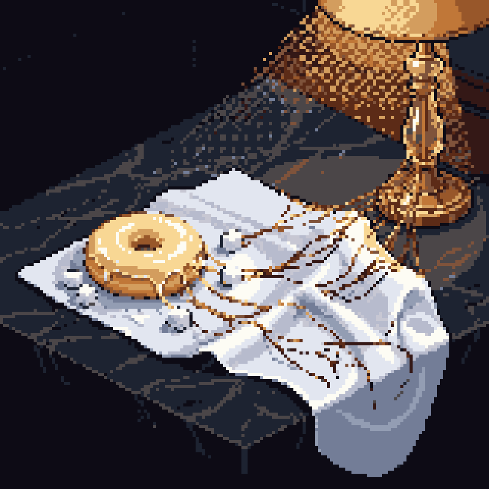 Pixel art: a glazed donut and sugar cubes with caramel threads stiffening across white silk