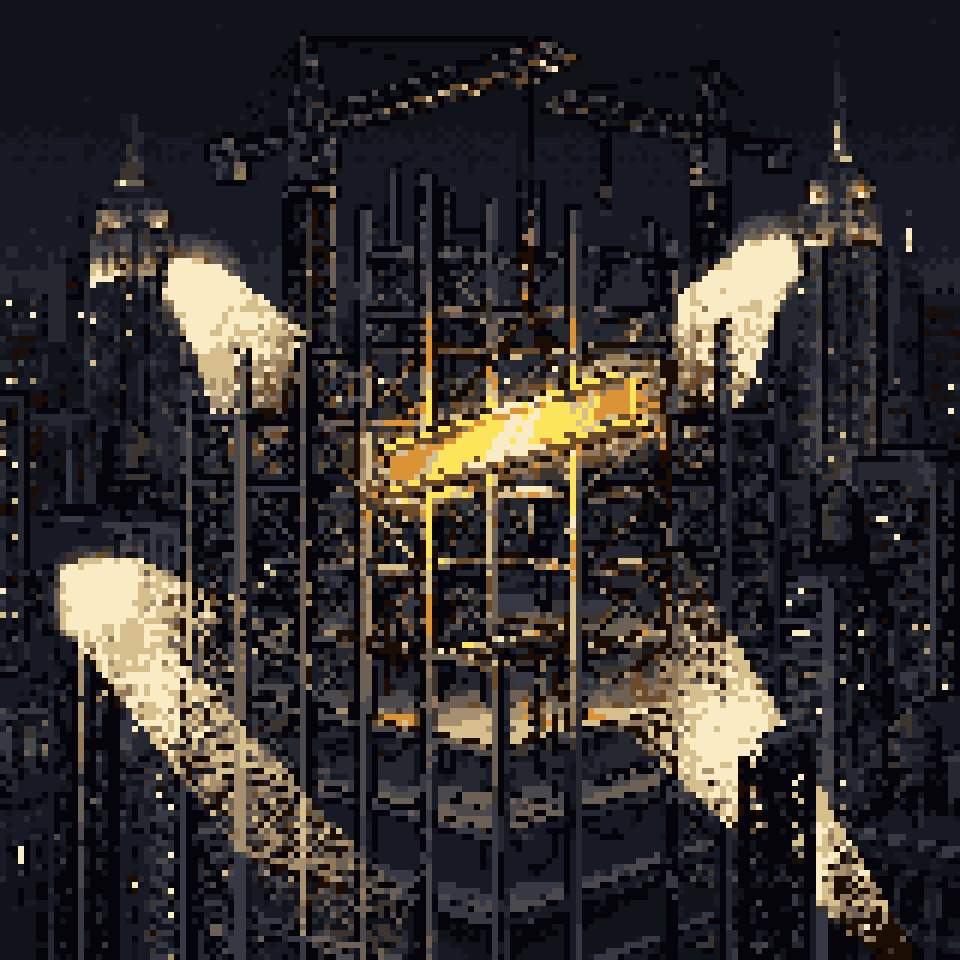 Pixel art: a skyscraper frame under construction at night, a glowing gold beam lowered into place under floodlights
