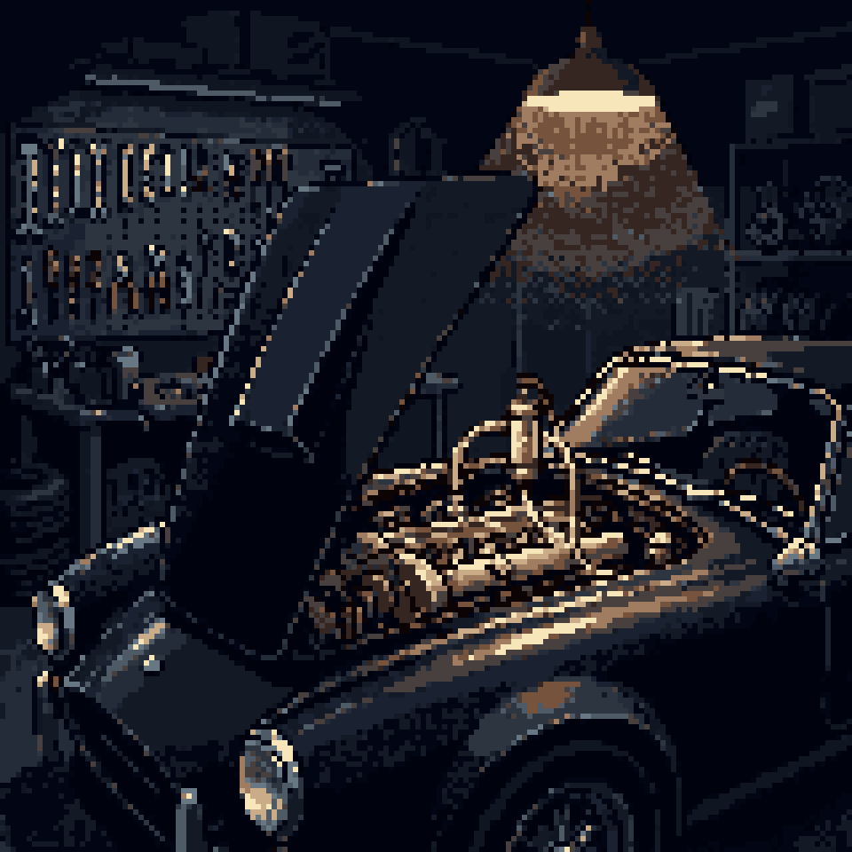 Pixel art: a brass primer feeding fuel into the glowing engine of a vintage sports car in a dark garage