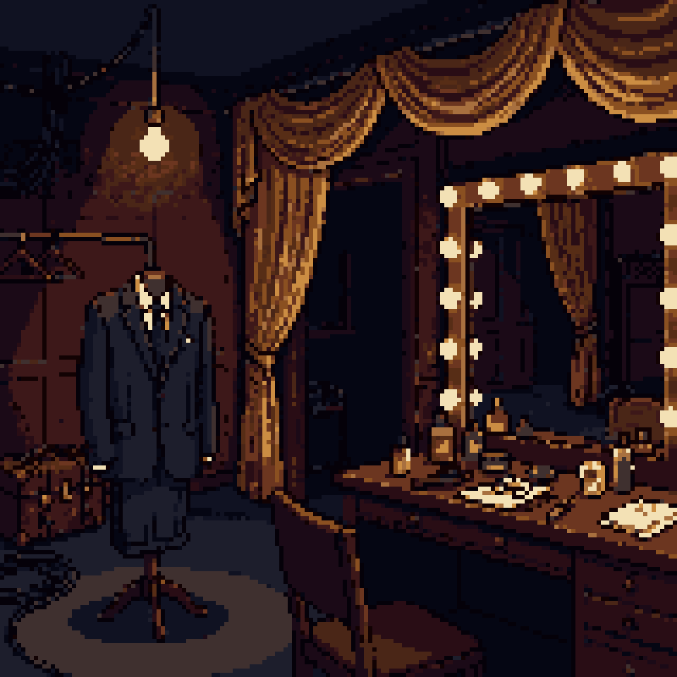 Pixel art: a suit on a headless dress form beside a lit mirror in an empty dressing room