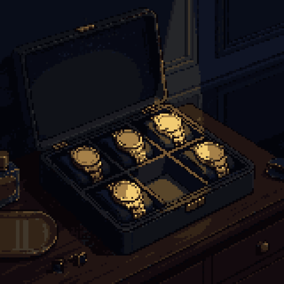 Pixel art: an open watch case on a dresser at night, every slot holding a gold watch but one