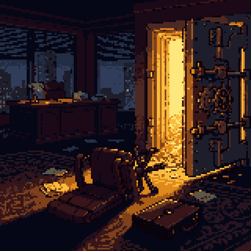 Pixel art: an open vault glowing with gold beside a toppled chair and a dropped briefcase in an empty office