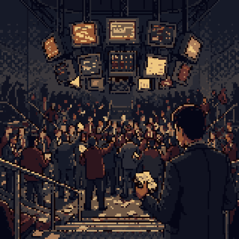 Pixel art: a young man with a stack of order slips at the edge of a crowded trading pit