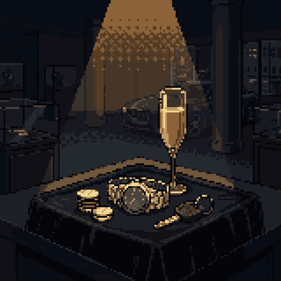 Pixel art: a plain steel watch beside champagne, gold coins and a car key under a spotlight