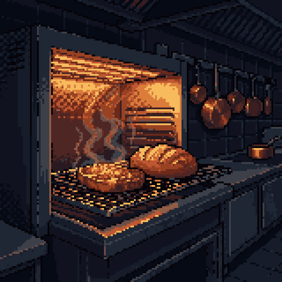 Pixel art: a steak and a crusty loaf browning under a glowing grill in a dark steakhouse kitchen, copper pans on the wall