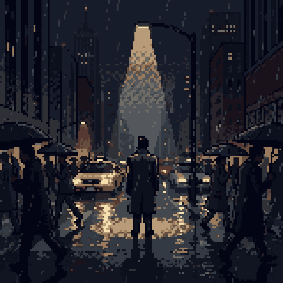 Pixel art: a man standing still in a spotlight on a rainy crossing while everyone hurries past
