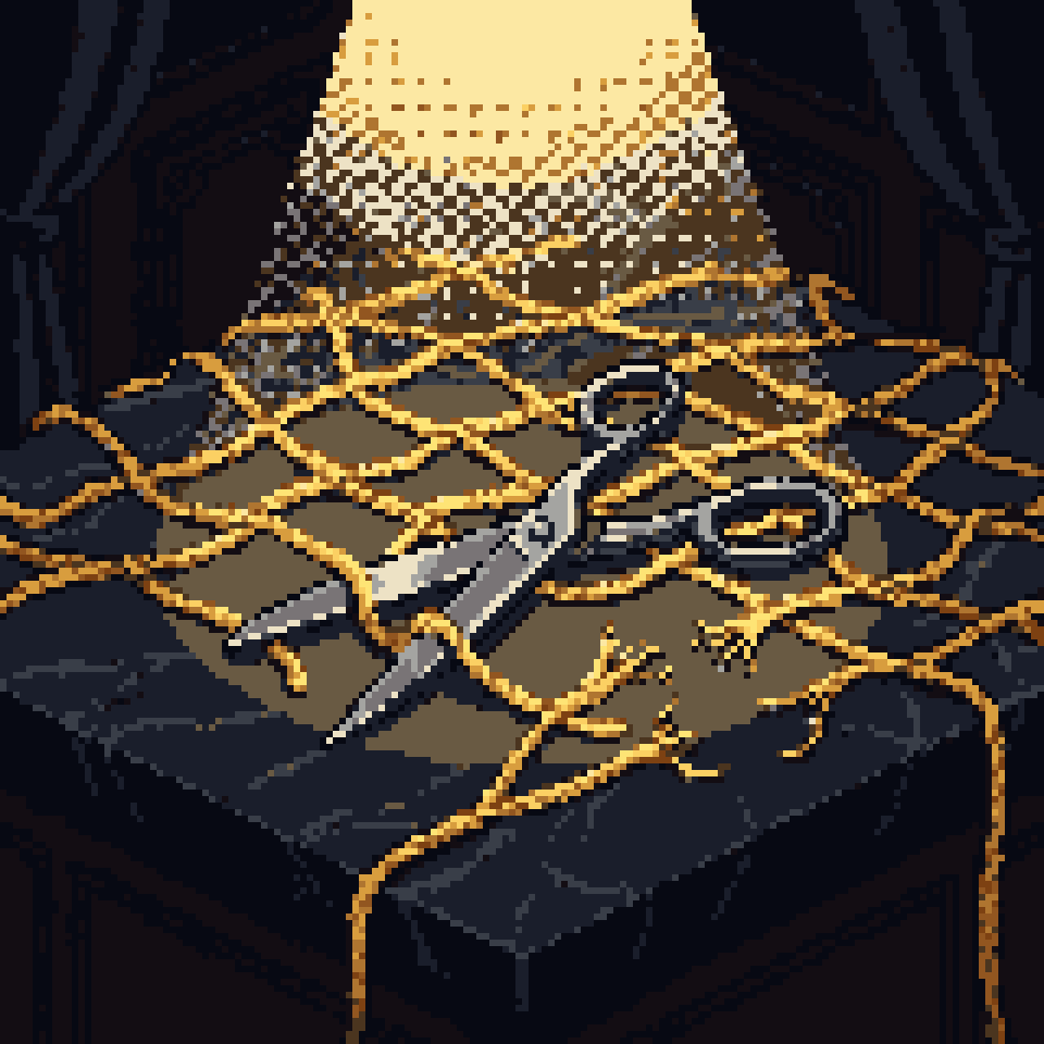 Pixel art: open steel shears on a net of gold rope, several strands snipped and frayed, on black marble