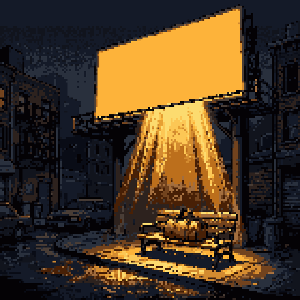 Pixel art: a blank glowing billboard pouring gold light onto a leather bag on a bench
