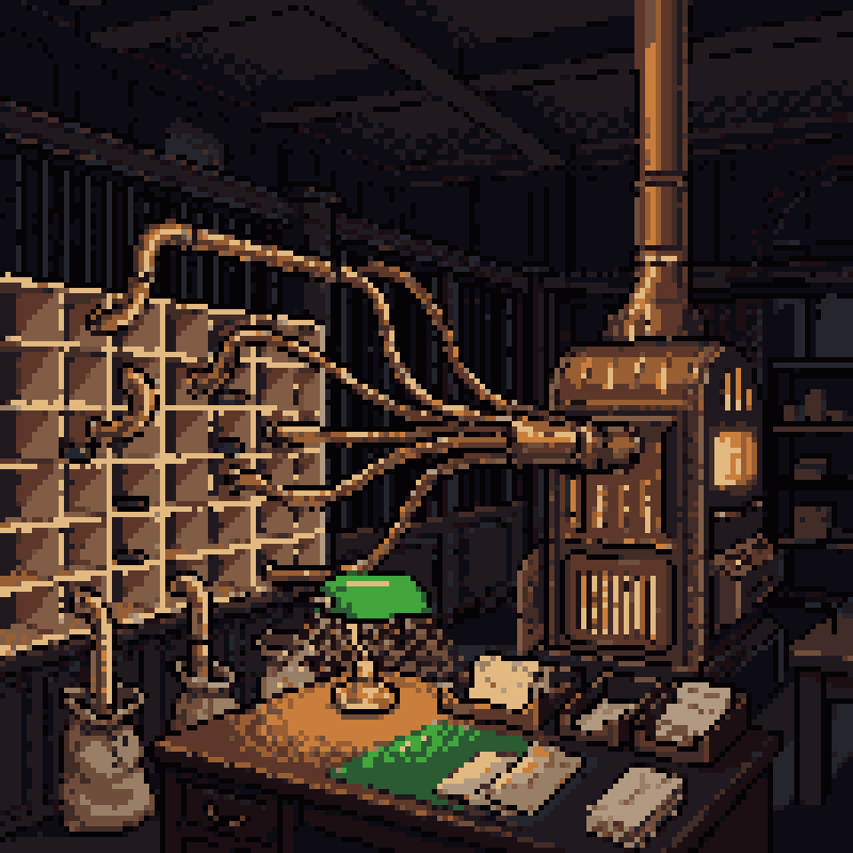 Pixel art: brass tubes carrying dark capsules from a glowing machine into rows of cubbyholes in an old bank's mailroom