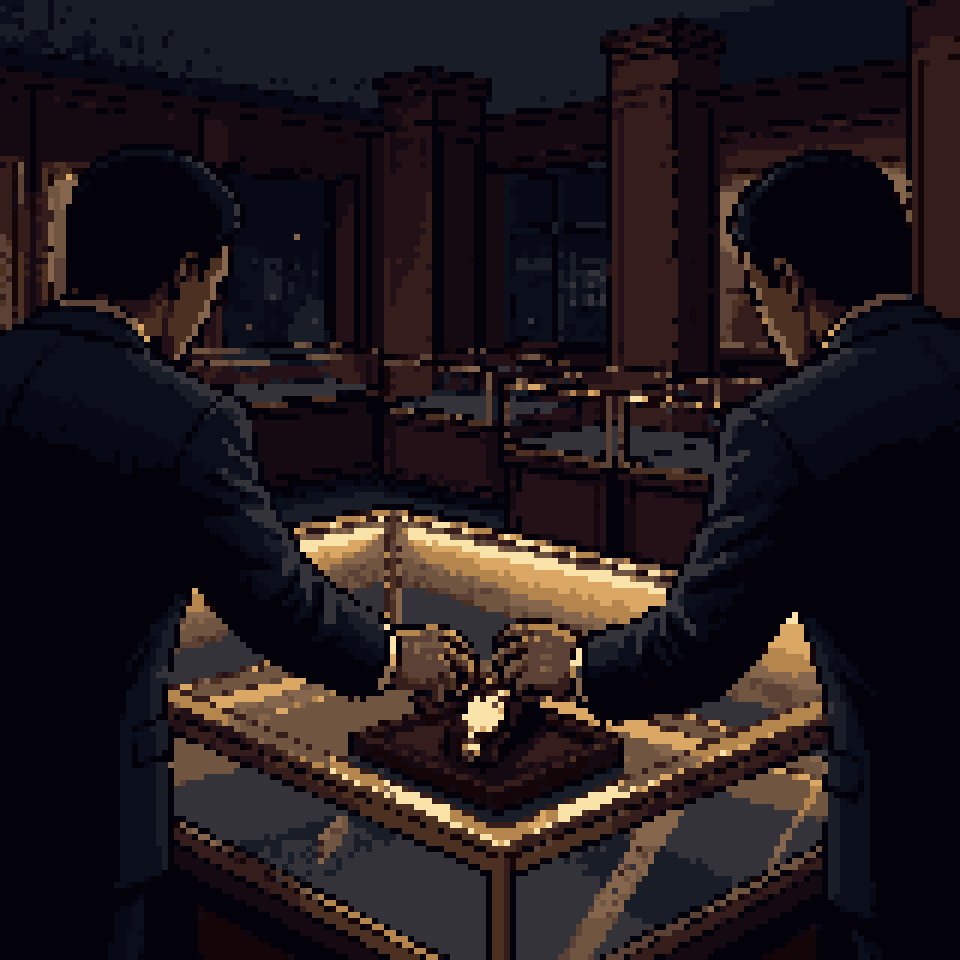 Pixel art: two men reaching for the same gold watch in a lit display case
