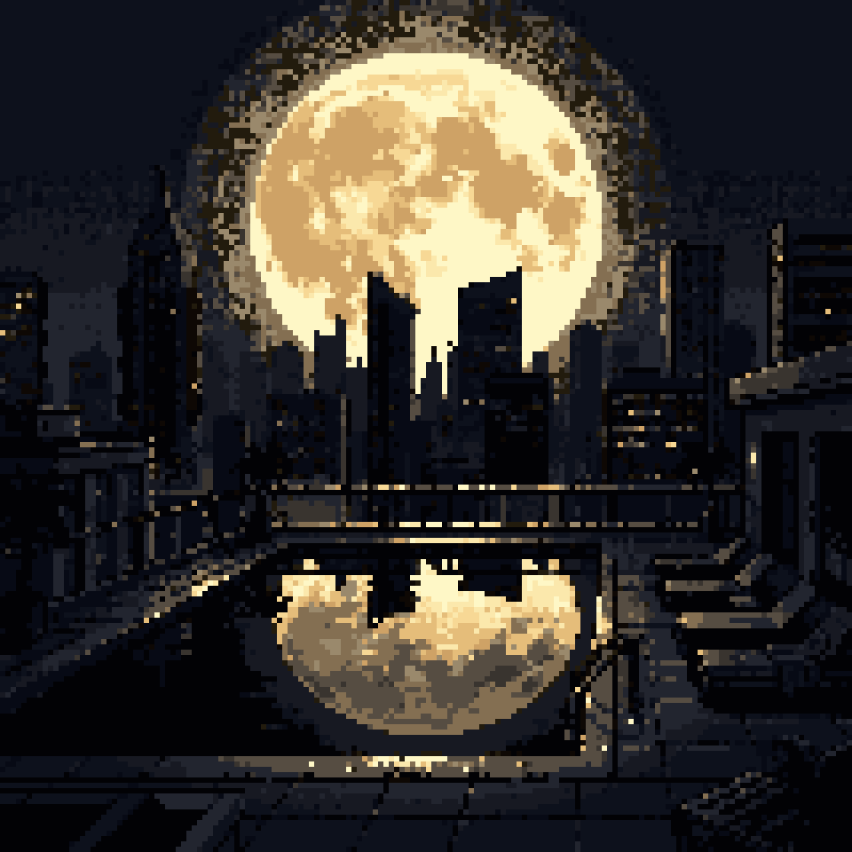Pixel art: a huge full moon behind the city skyline, mirrored in an empty rooftop pool