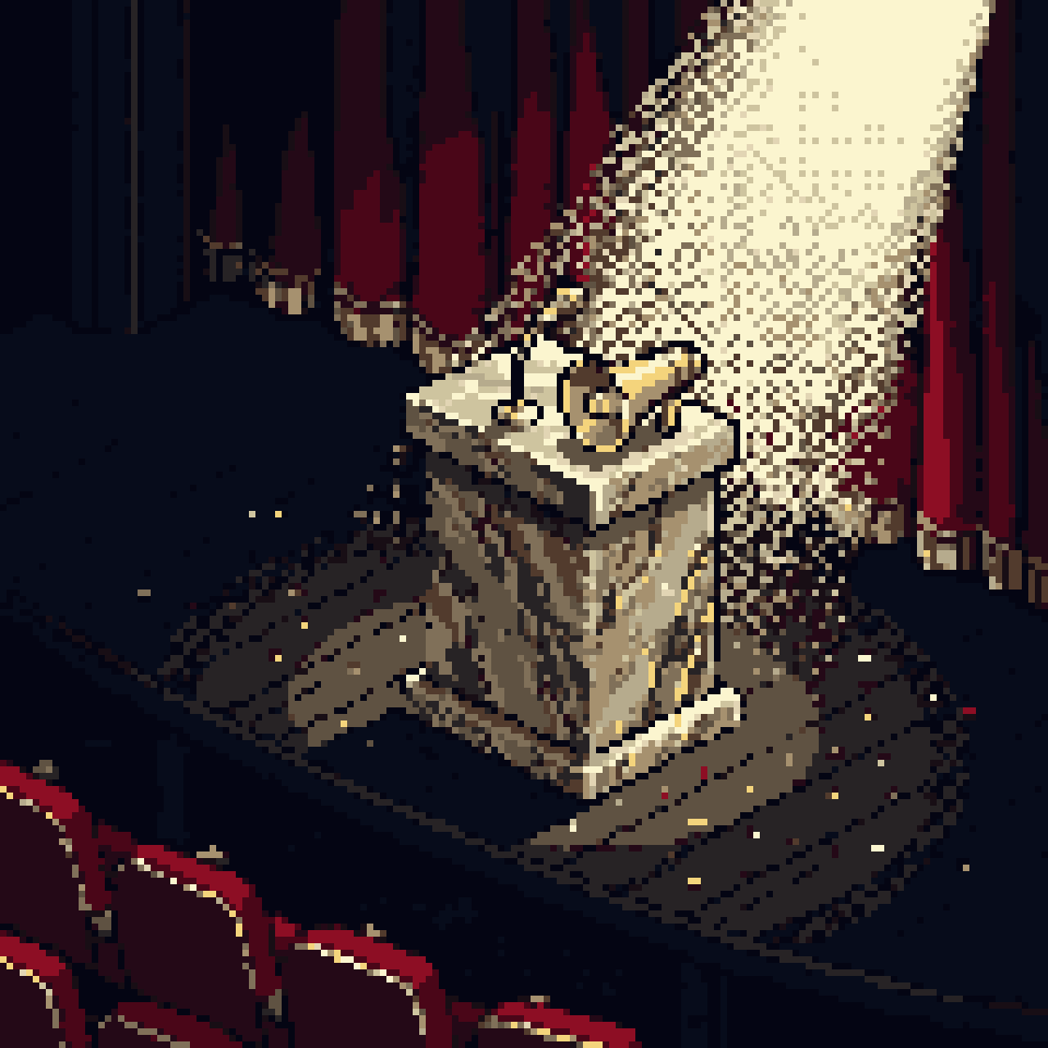 Pixel art: an empty marble podium with a gold megaphone under a spotlight in a dark theatre