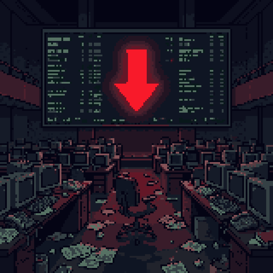 Pixel art: an empty trading floor at night under one huge red arrow