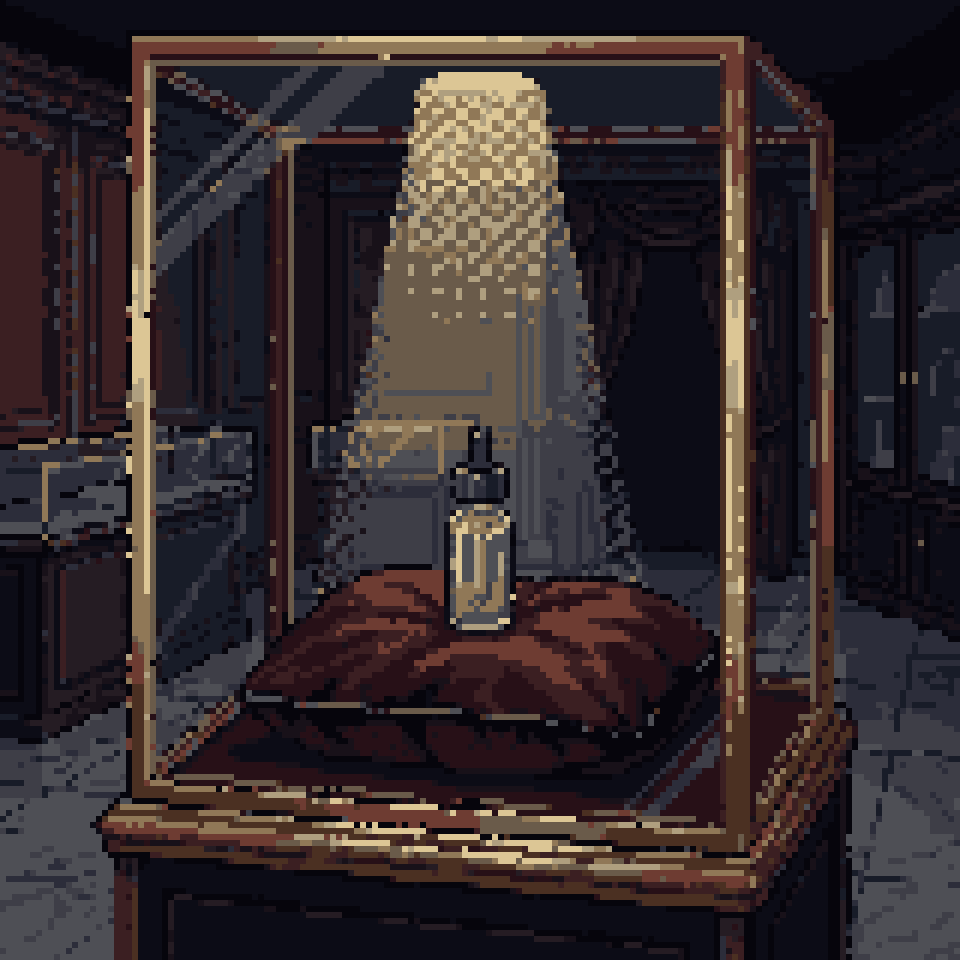 Pixel art: a small dropper bottle of clear serum on a velvet cushion in a lit display case