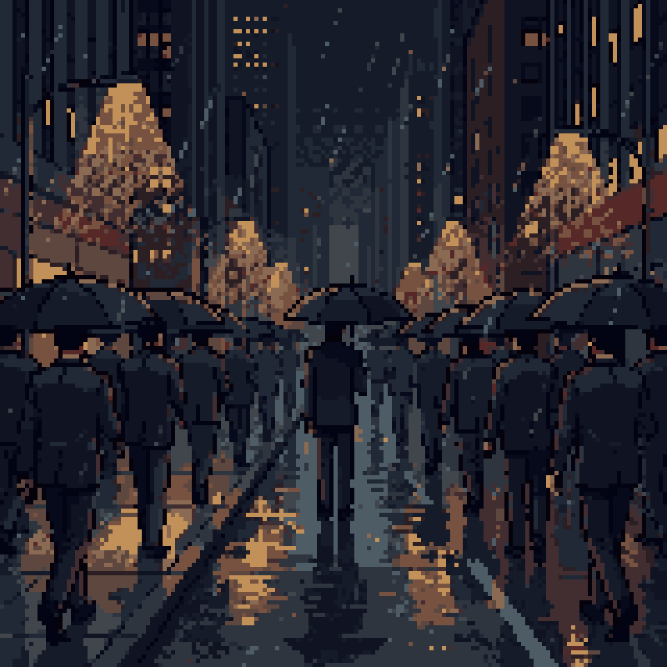 Pixel art: rows of men in suits with umbrellas walking the same way down a rainy street