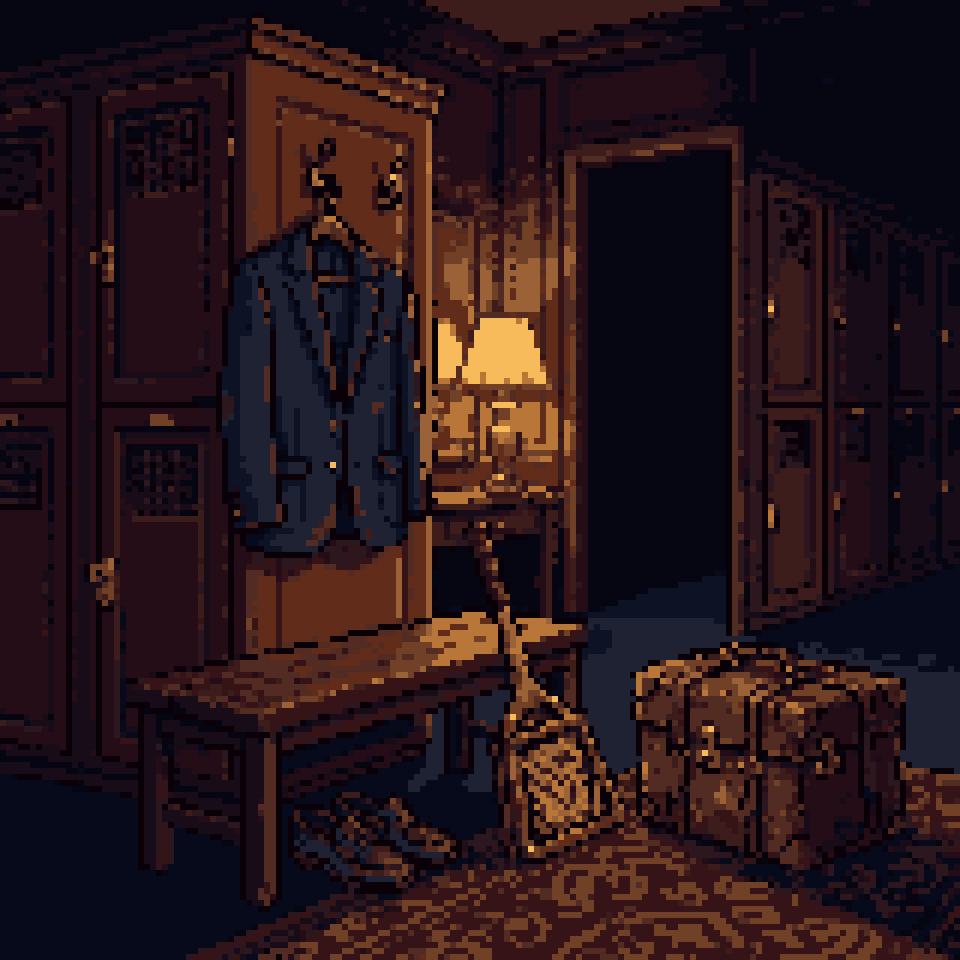 Pixel art: a worn navy blazer, loafers, a wooden tennis racket and an old trunk in a club locker room