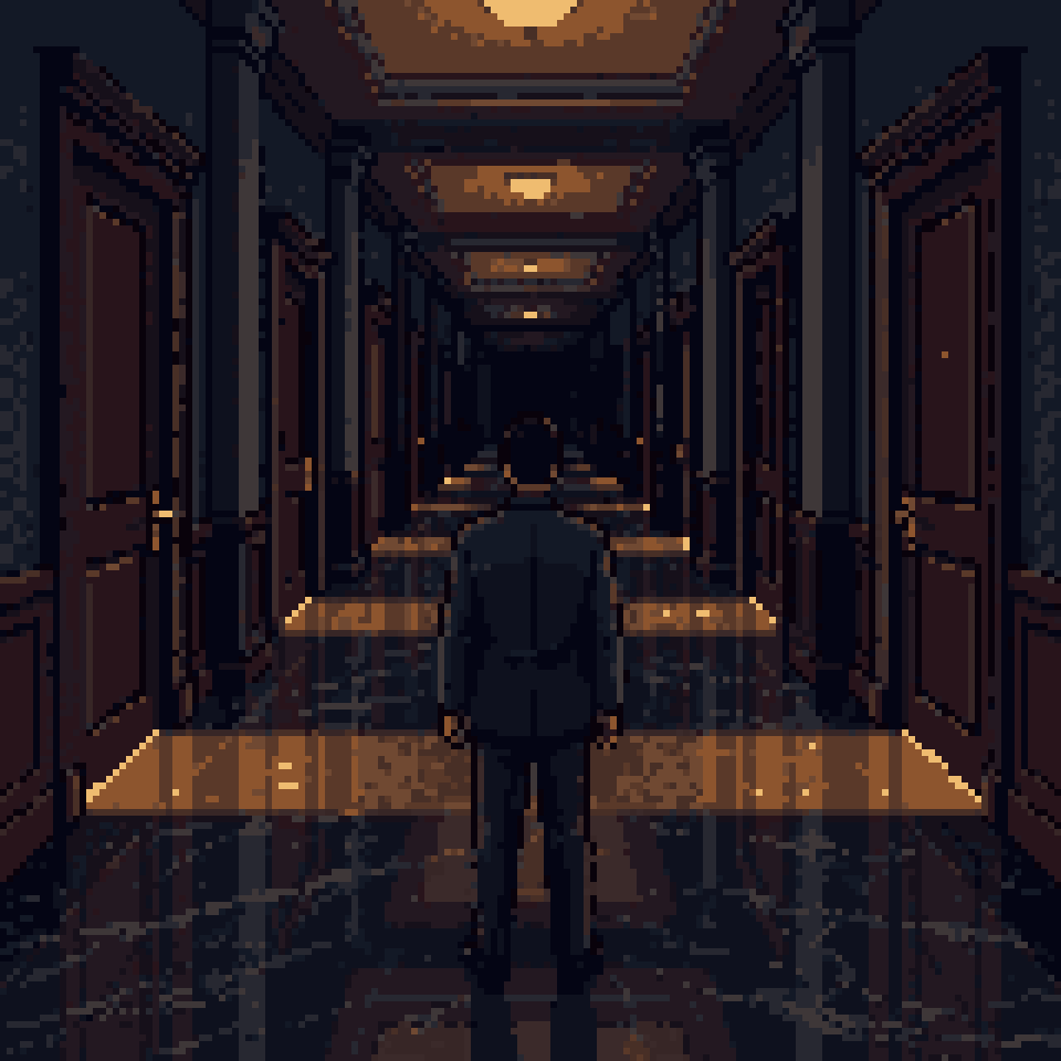 Pixel art: a man at the start of a long marble corridor lined with identical doors