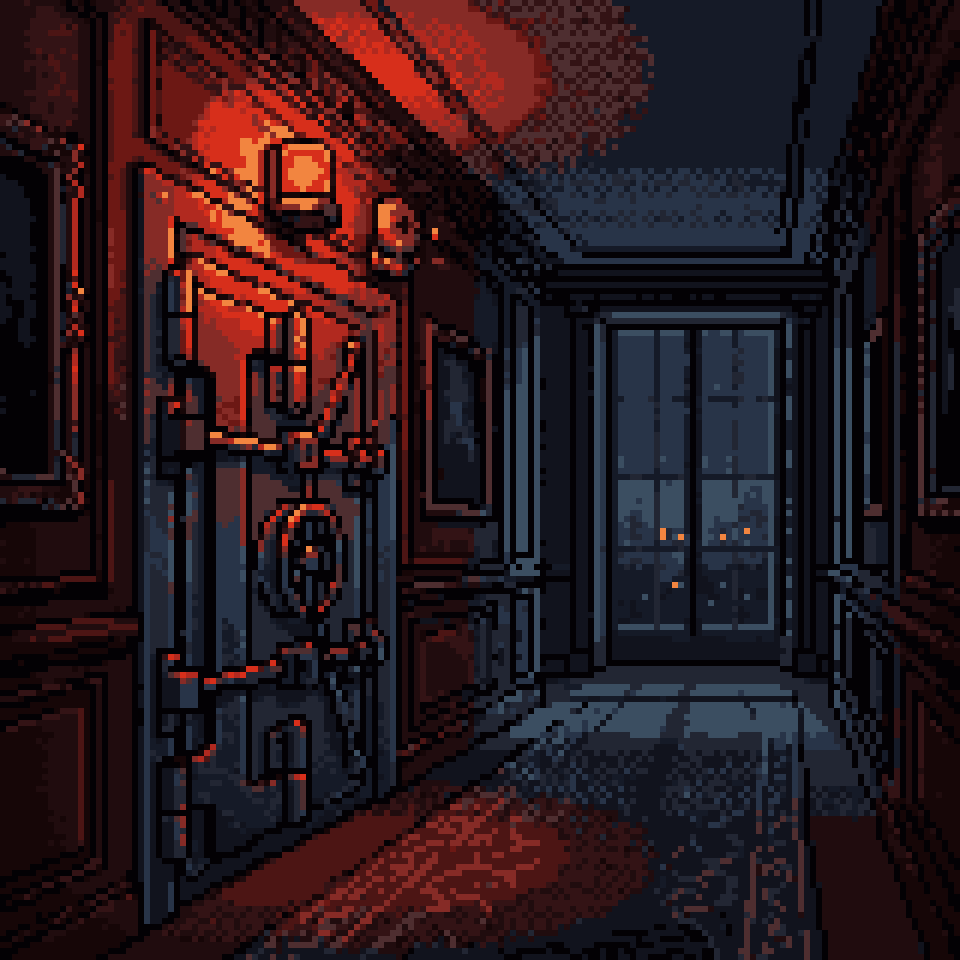 Pixel art: a vault door in a mansion hallway lit red by its own alarm, the city calm through the window
