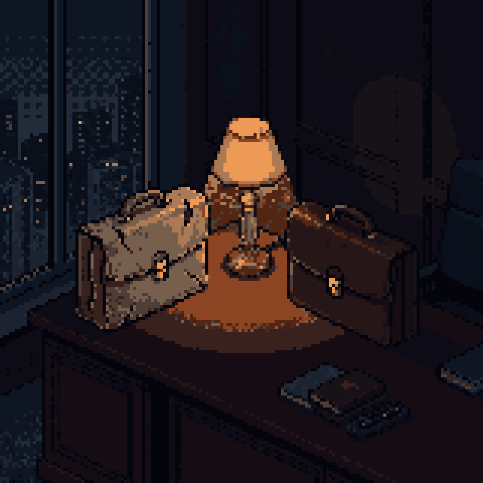 Pixel art: two leather briefcases on a desk at night, the one by the window cracked and faded, the other only softly worn