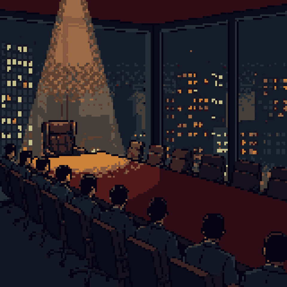 Pixel art: a silent boardroom at night, everyone facing an empty chair under a spotlight