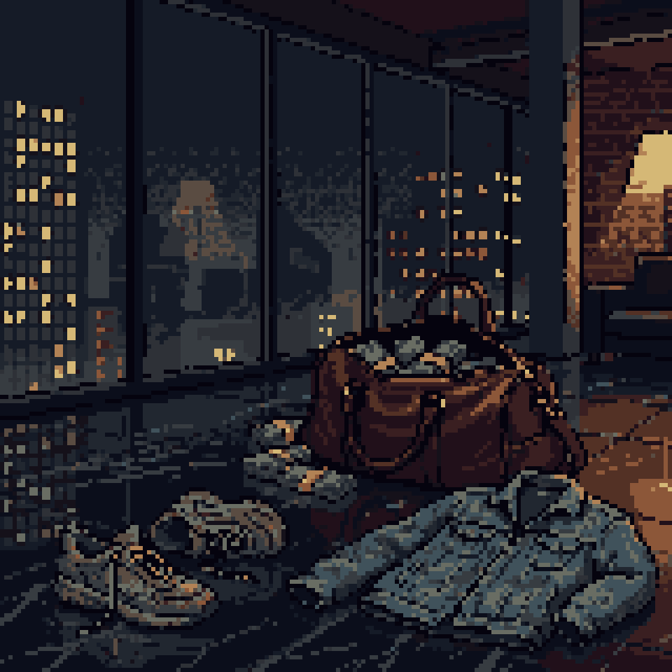 Pixel art: worn sneakers and a denim jacket beside a duffel bag of cash in a dark loft