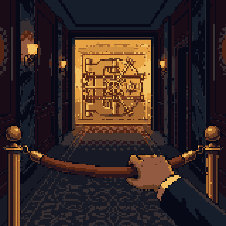 Pixel art: a hand unhooking a velvet rope in front of a glowing gold vault door